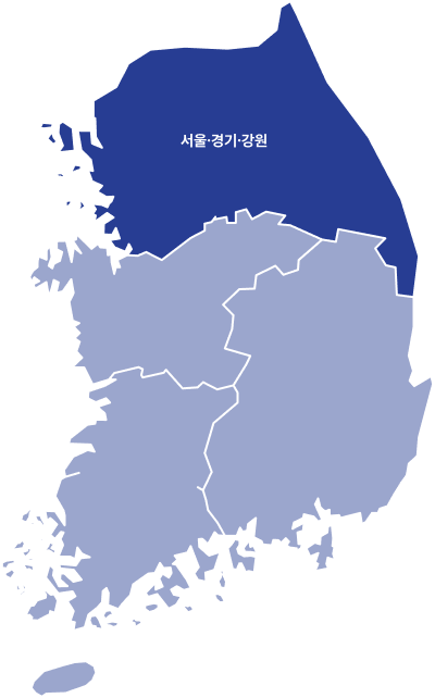 전국 영업소 지도. 아래 권역 버튼으로도 선택할 수 있습니다.